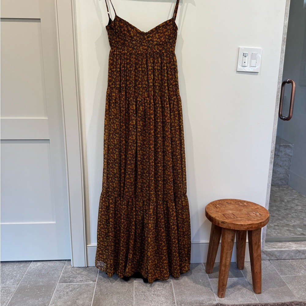 Floral Tiered Babydoll Bustier Maxi Dress - black/orange/yellow